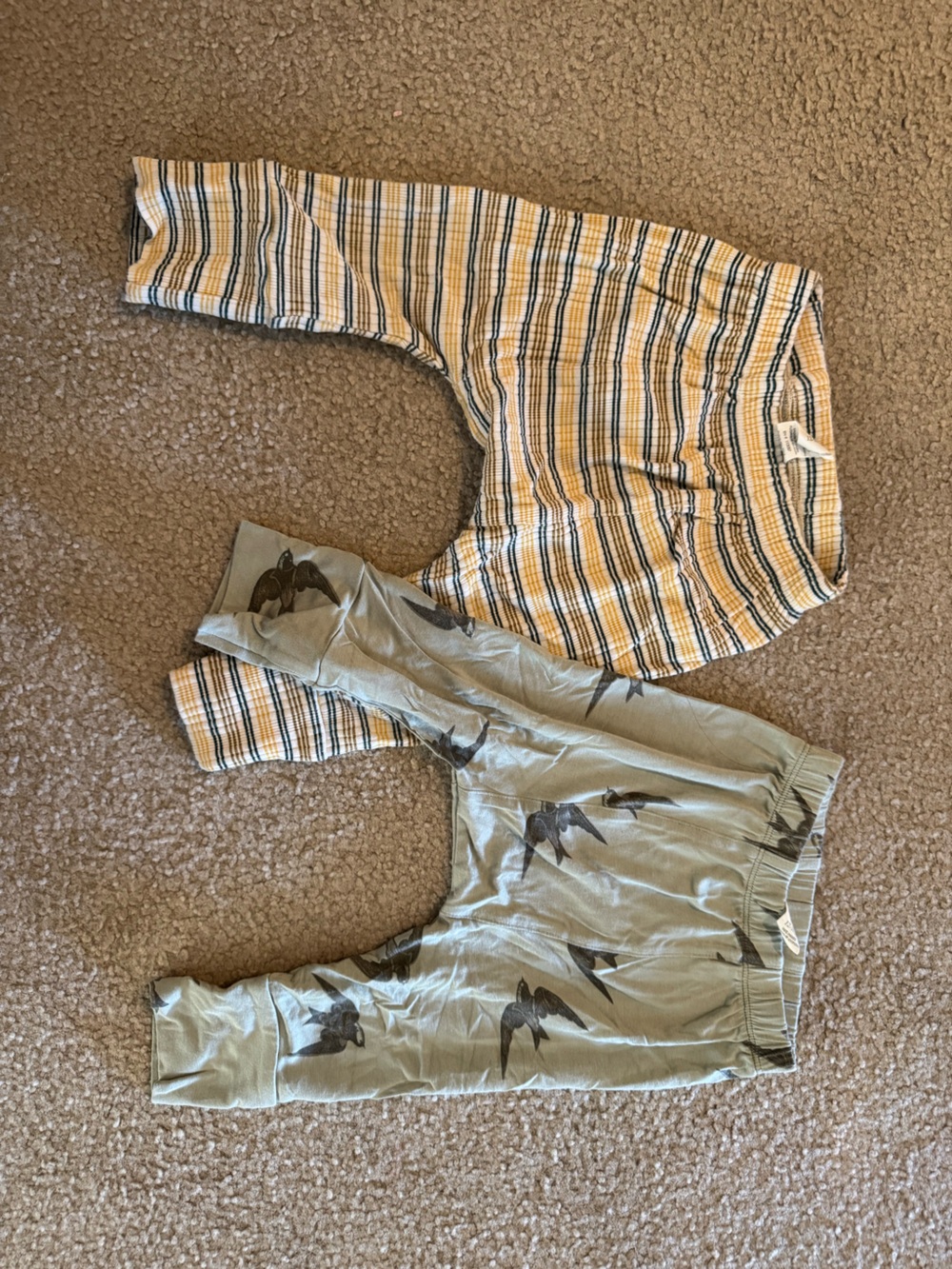 kate quinn Green Bird Print & Yellow Striped Kids Bottoms panda pants